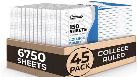 45 Pack, Loose Leaf Paper Bulk, 6750 Sheets, College Ruled Sheets, 8 x 10.5", 150 Sheets/Pack, 3 Hole Punch, Bulk Notebook